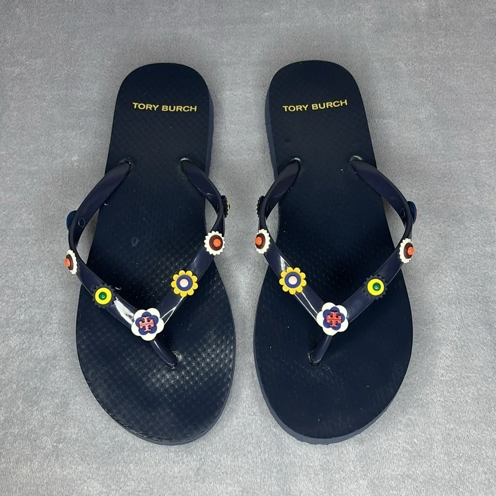 Tory Burch Marguerite Floral Charm Flip Flops Navy Size 6-7